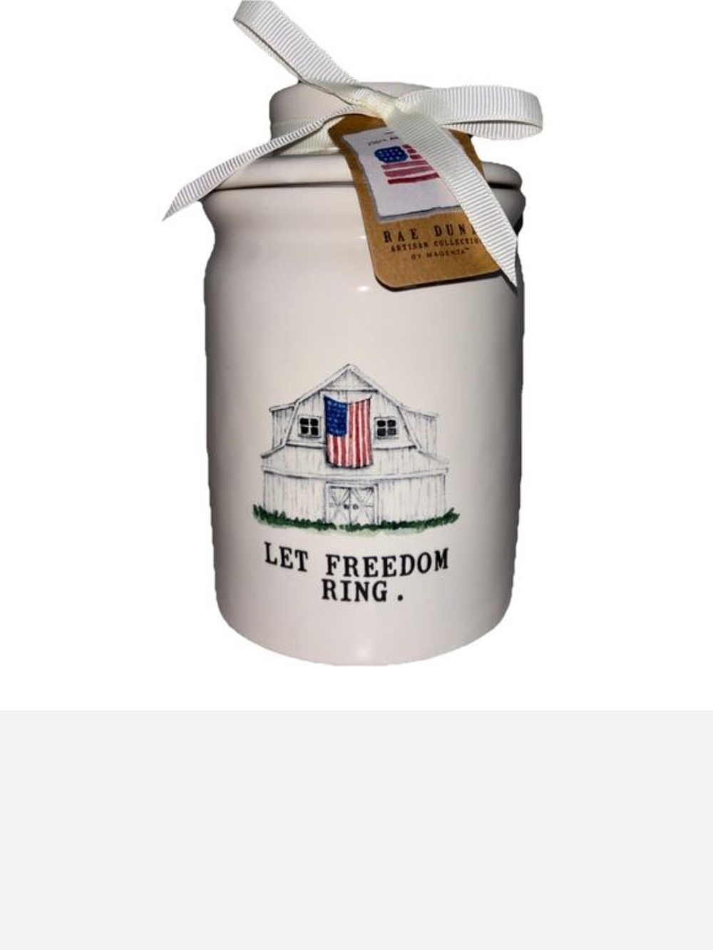 Rae Dunn White Ceramic Canister with Patriotic Barn Illustration